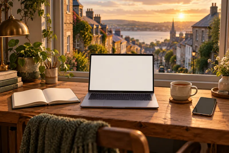 An illustrated desk by a window over an Irish street, with a laptop, a notebook and a cup of tea