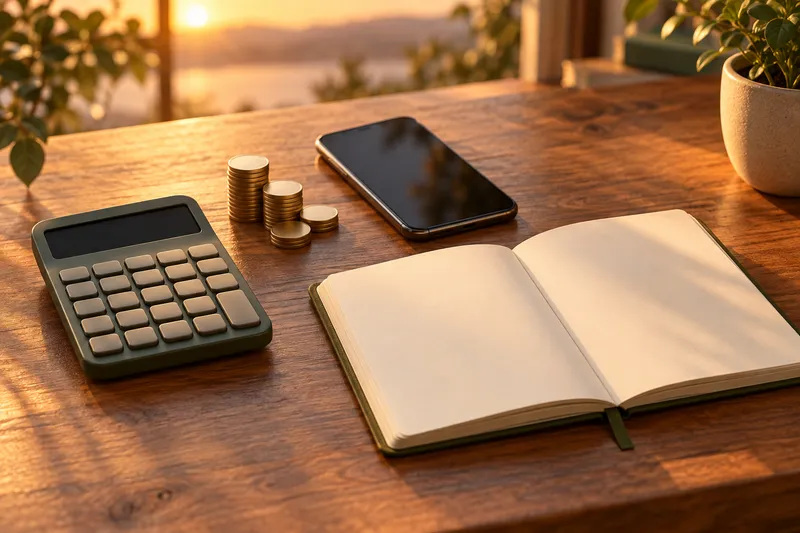 An illustrated desk calculator, a smartphone and plain coins on a wooden desk
