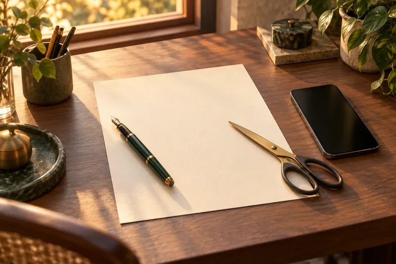 An illustrated blank sheet of paper with a pen and scissors beside a smartphone