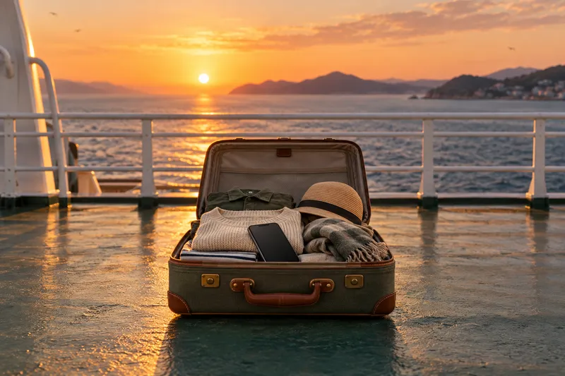 An illustrated suitcase and smartphone on a ferry deck at sunset, with a coastline behind