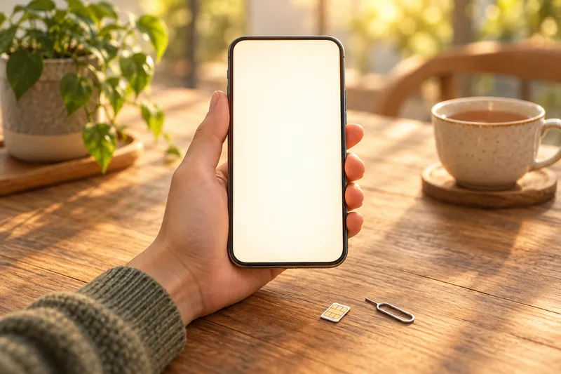 An illustrated hand holding a smartphone above a wooden table with a SIM card and ejector pin